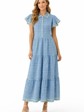 Max Studio maxi dress XS blue/white floral tiered flutter sleeves button down